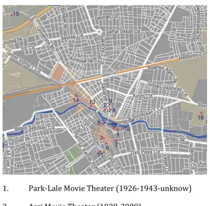 Figure  4.  Number  and  locations  movie  theaters  in  Eskisehir  from  1925  to  2008  (Reinterpreted  on  Google Earth by Üstün, B., 2018) 
