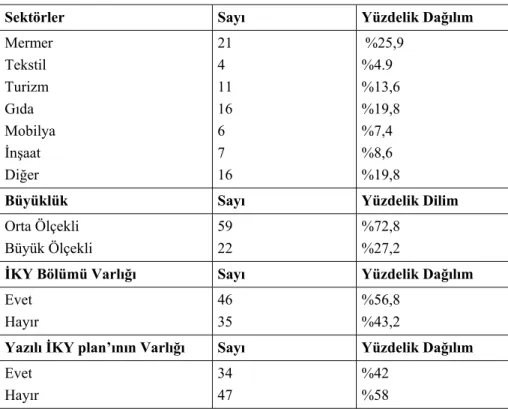 Tablo 1.1 İşletmelere İlişkin Özellikler 