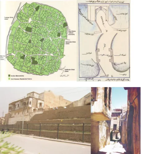 Figure 7. from the left plan of the  old urban fabric of the citadel. From  the right plan and elevation of the  Top Kapi (Saatçi, 2003)