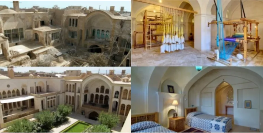 Figure  3.  from  the  left  view  of  Manouchehri house before and after  renovation,  and  from  the  right  the  revival  of  historically  significant  hand-woven  textile  traditions  of  Kashan which were on the brink of  extinction, and  bellow it o