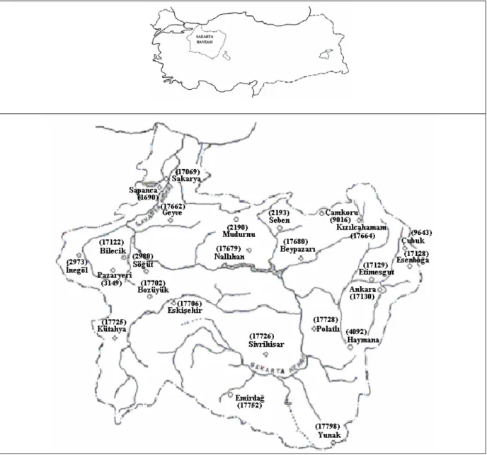 Şekil 1. Sakarya havzasının Türkiye üzerindeki yeri ve istasyonlar. 