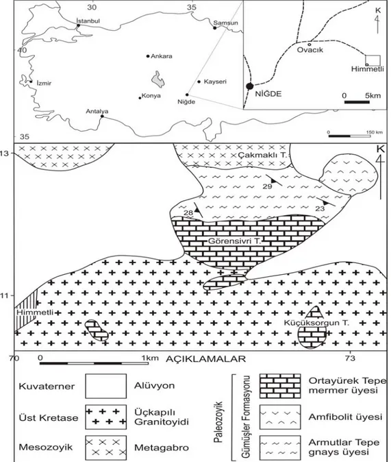 Şekil 1. İnceleme alanının yer bulduru ve jeolojik haritası (Karataş, 1999’dan değiştirilerek alınmıştır)