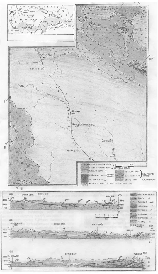 Şekil 4. Hadim güneyinin sadeleştirilmiş  yapısal harita ve enine kesitleri (Turan, 1999’dan)