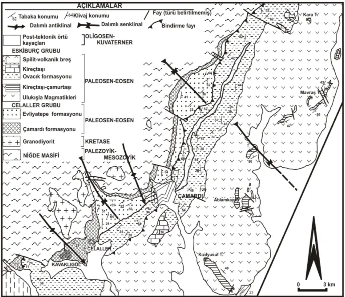 Şekil 2. İnceleme alanının jeoloji haritası (Demircioğlu, 2001 ve Demircioğlu ve Eren, 2003)