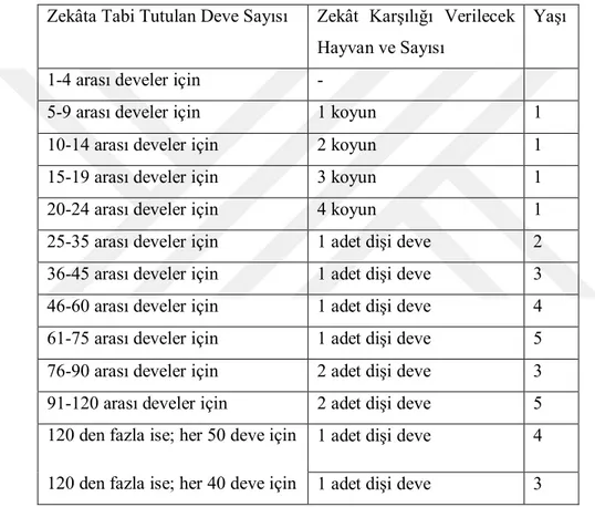 Tablo 1.1. Develerin Zekât Nisabı ve Özellikleri 