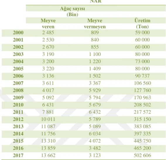 Çizelge 1.1 Türkiye’de son 17 yıldaki nar üretim miktarı (TÜİK, 2017) 