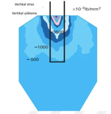 Şekil 1.7. Aksiyal yükleme sonrası kemik modelindeki bir implantın üç boyutlu sonlu elemanlar analizi (Misch 2008).