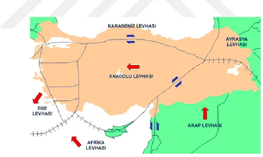 Şekil  3.1 Türkiye’nin üzerinde bulunduğu tektonik plakalar ve hareketleri 