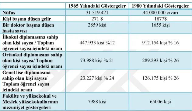 Tablo 5. Türkiye'nin 1965 ve 1980 Yıllarındaki Göstergeleri 