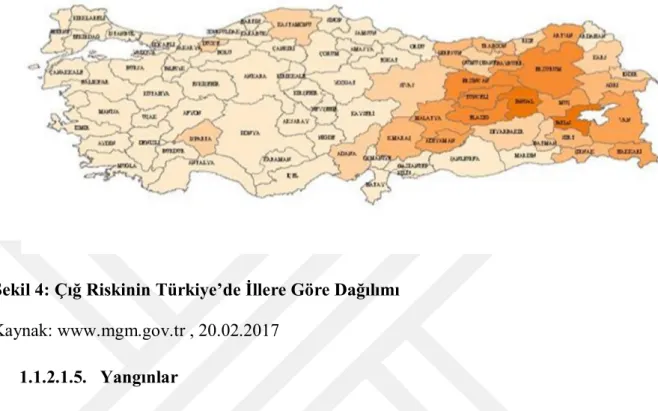 Şekil 4: Çığ Riskinin Türkiye’de İllere Göre Dağılımı  Kaynak: www.mgm.gov.tr , 20.02.2017 
