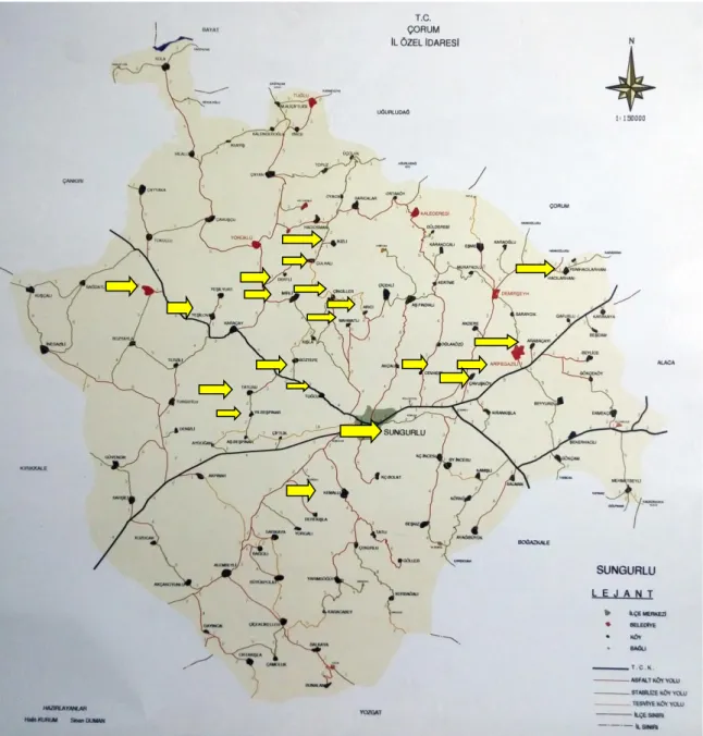 Şekil 3.2. Sungurlu merkez ve köyleri haritası (oklarla belirtilen yerler örnek alınan köyleri  göstermektedir) 