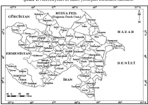 Şekil 1. Azerbaycan’ın idari yerleşim birimleri haritası. 