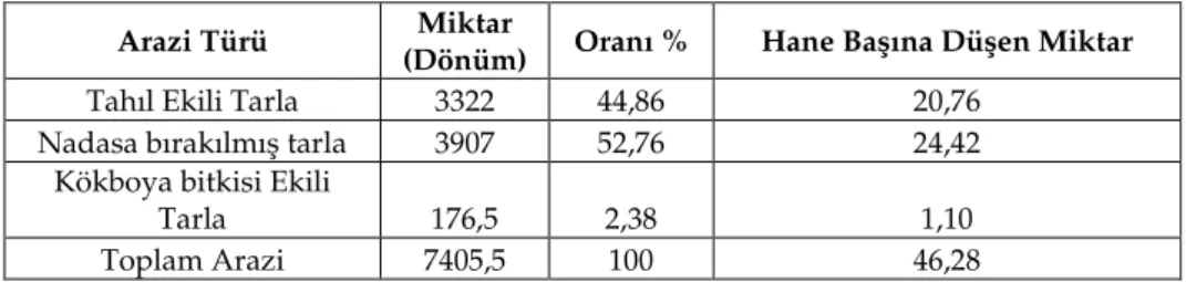 Tablo 12: Çumra Köyü’nde Hane Reislerinin Sahip Oldukları Arazi Çeşitleri. 1844 