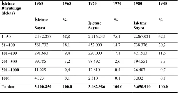 Tablo 10: 1963, 1970 ve 1980 Tarım Sayımlarında İşletmelerin İşletme Büyüklüğüne  Göre Dağılımı   İşletme  Büyüklüğü  (dekar)  1963   İşletme   Sayısı  1963  1970  1970  1980  1980 % İşletme Sayısı  % İşletme Sayısı %  1--50  2.132.288  68,8  2.216.243  75