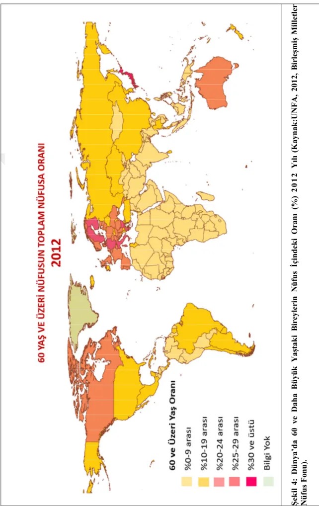 Şekil 4: Dünya’da60ve DahaBüyükYaştaki BireylerinNüfus İçindeki Oranı (%)2012Yılı (Kaynak:UNFA, 2012, Birleşmiş Milletler Nüfus Fonu).