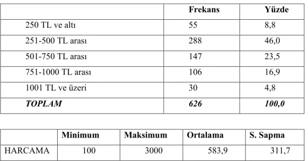 Tablo 9. Aylık Harcama Kategorileri 