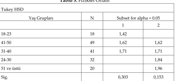Tablo 5. Fiziksel Ortam  Tukey HSD 