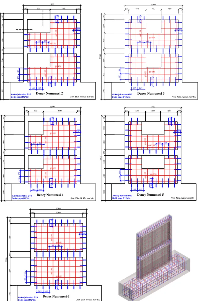 Şekil 3. Güçlendirilmiş numunelerin boyut ve donatı detayları  Figure 3. Details of dimensional and reinforcement of strengthened specimens 