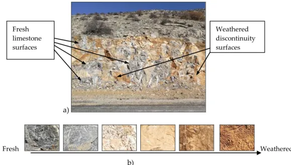 Figure 3. Fresh and weathered limestone surfaces at Konya-Yukselen road cut. 