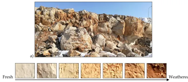 Figure 5. Fresh and weathered limestone surfaces and their colour differences at North-West side of  Konya city centre