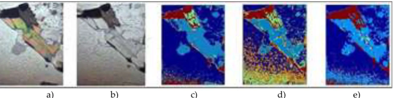 Figure 5. Thin section obtained from a rock sample was photographed and digitized to get following  images: a) Cross-polarized images, b) Plane-polarized images, c) Images in RGB,  