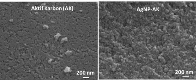 Şekil 1. AK (a) ve AgNP-AK (b) ʼnun SEM görüntüleri  Figure 1. SEM images of AC and SNP-AC 