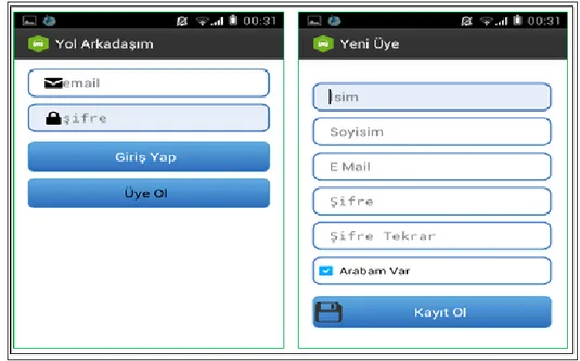 Şekil 4. Kayıtlı kullanıcı girişi ve yeni kullanıcı kayıt ekranı  (User login and user registration GUIs) 