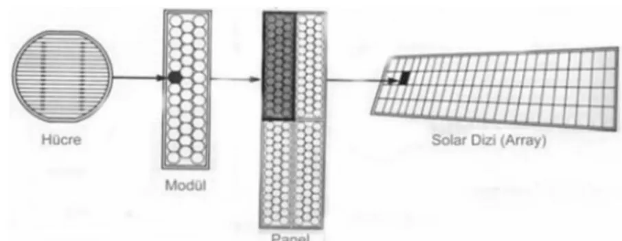 Şekil 1. PV hücre, modül, panel ve solar dizisi (Çelebi 2002)  Figure 1. PV cell, module ve solar array 