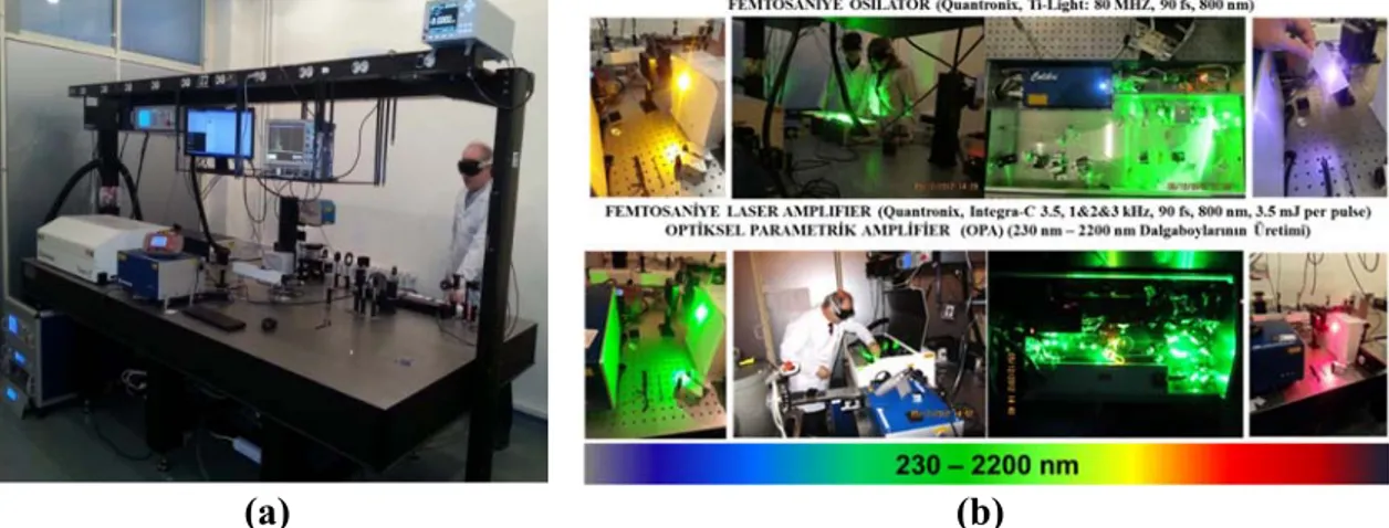 Şekil 1. (a)Femtosaniye laser sistemi, (b) nano parçacık üretimi, malzeme işleme  (mikroişleme), malzemelerin lineer olmayan özelliklerinin incelenmesi ve PLD yöntemi 