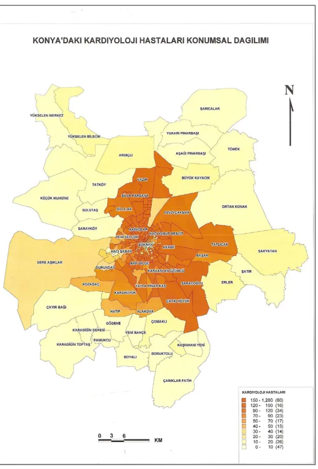Şekil 5. Konyadaki kardiyoloji hastalarına ait alansal dağılım haritası. 