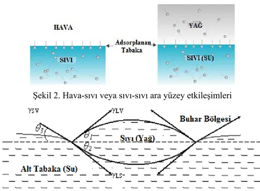 Şekil 2. Hava-sıvı veya sıvı-sıvı ara yüzey etkileşimleri 