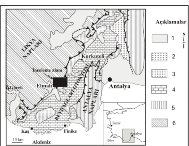 Figure 1. Location map of the study area and the main tectonic units in western Taurides  (modified after Hayward, 1982; Poisson et al., 1983; Me hur and Akp nar, 1984;  enel et al., 1992), 1