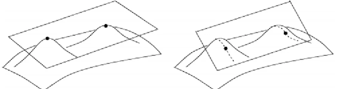 Şekil 4. Üç boyutlu uzayda aynı düzleme teğet (bitangent) noktalar. Bu tür yüzeyler tüm  alanda oluşturulabilir ve ardışık noktalar bitangent eğrileri oluşturur (Şekil Wyngaerd 