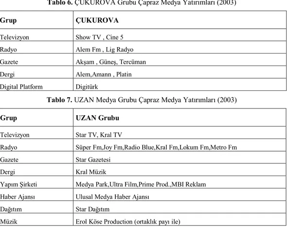 Tablo 6. ÇUKUROVA Grubu Çapraz Medya Yatırımları (2003) 