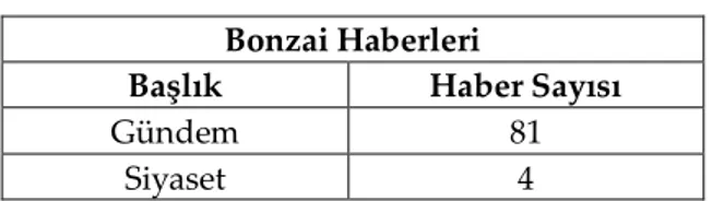 Tablo 2. Başlıklara Göre Haber Sayıları  Bonzai Haberleri 