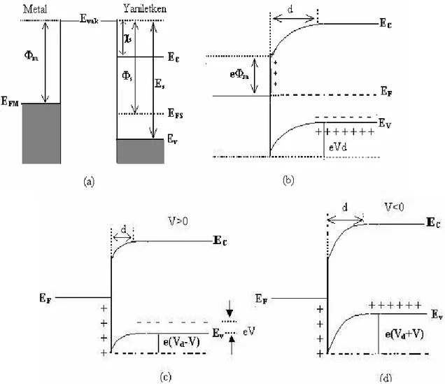 Şekil 2.6. Metal p-tipi yarıiletken doğrultucu (Schottky) kontağın enerji-band diyagramı