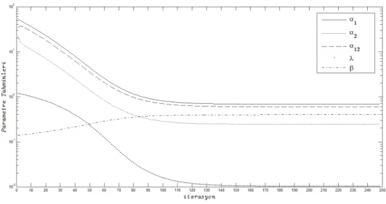 Şekil 1.  EM iterasyonlarındaki parametrelerin yakınsamaları  (Parametre tahminleri için grafikte log ölçek kullanılmıştır.) 