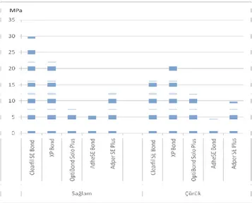 Grafik  1.  Çalışmada  kullanılan  bondinglerden  elde  edilen  makaslama  bağlanma  dayanım  değerlerinin  ortalamaları