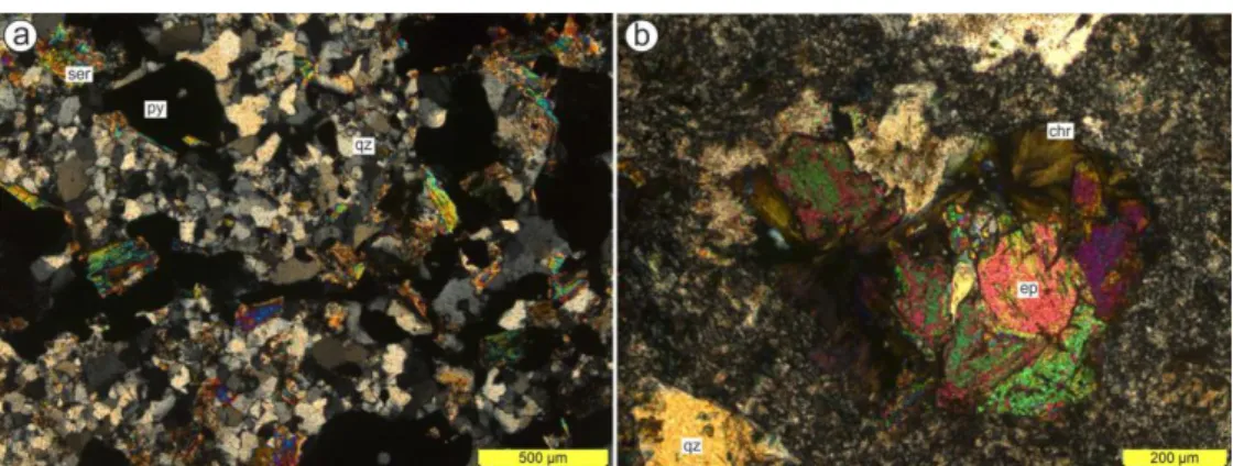 Figure 4. Belong to Gedabek gold-copper deposit, phyllic alteration consisting of sericite (ser), quartz (qz) and  pyrite (py) minerals (a); prophylitic alteration consisting of epidote (ep), chlorite (chl) and quartz (qz) minerals  (b), (a, b: + N)