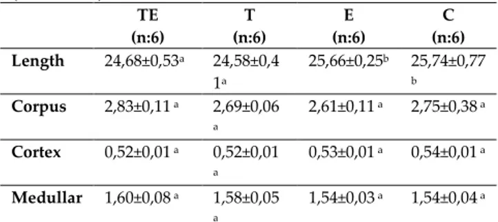Table  2.  Comparison  of  length  and  thickness  of  corpus,  cortex  and  medullar  diameters  of  humerus  bones  (Mean±SD)  TE  (n:6)  T  (n:6)  E  (n:6)  C  (n:6)  Length  24,68±0,53 a 24,58±0,4 1 a 25,66±0,25 b 25,74±0,77b Corpus  2,83±0,11  a 2,69±