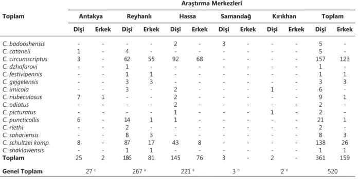 Table 1. Hatay yöresinde tespit edilen Culicoides türleri  Tablo 1. Culicoides species found in Hatay province 