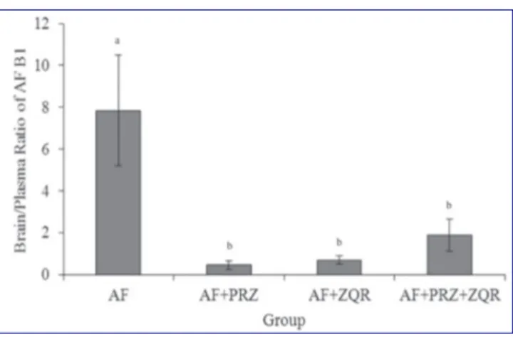 Şekil 1. AFB 1 ’in beyin/plazma konsantrasyon oranları. AF; aflatoksin  B 1 , PRZ; prazosin, ZQR; zosuquidar