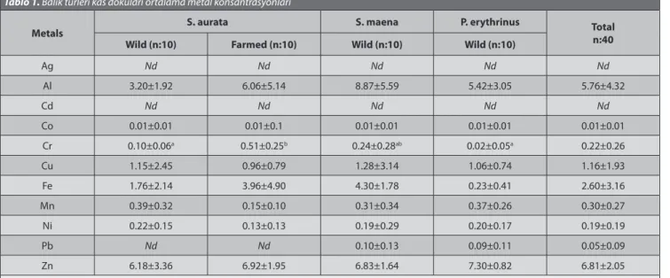 Table 1. Mean metal concentrations in the muscle tissues of fish species  Tablo 1. Balık türleri kas dokuları ortalama metal konsantrasyonları
