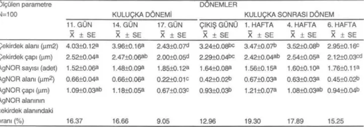 Tablo 1. Farklı dönemlerde, broylerlerin hepalositlerinde belirlenen hücre çekirde{ıi ala nı, çekirdek çapı , AgNOA sayısı,