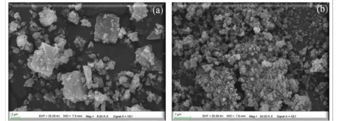 Figure 5. Scanning electron micrographs of calcite: (a) feed and (b) the best result (M4)  Effect of Surface Area of Grinding Media on Submicron Grinding Process 