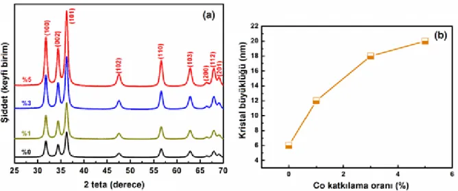 Şekil 1. Katkısız ve Co katkılı ZnO nanoparçacıkların XRD desenleri (a) ve ortalama kristal büyüklükleri  (b) 