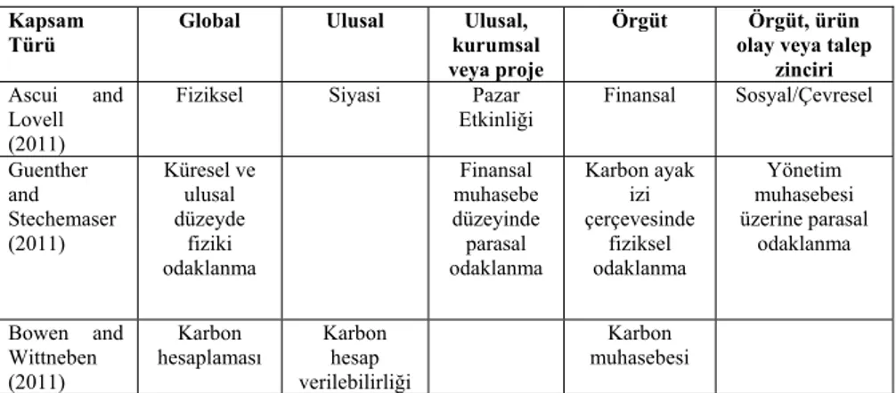 Tablo 2. Karbon muhasebesinin sınıflandırılması 