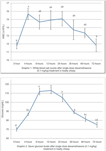 Graphic 1. White blood cell counts after single dose dexamethasone  (0.1 mg/kg) treatment in healty sheep