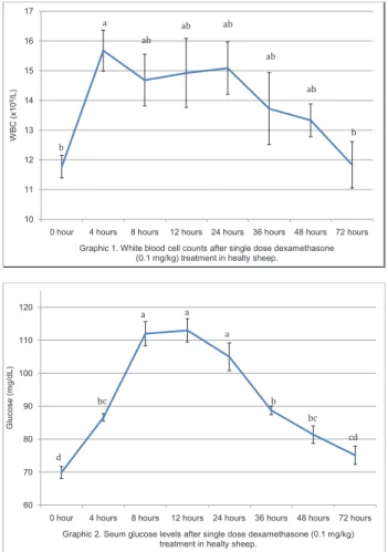 Graphic 1. White blood cell counts after single dose dexamethasone  (0.1 mg/kg) treatment in healty sheep