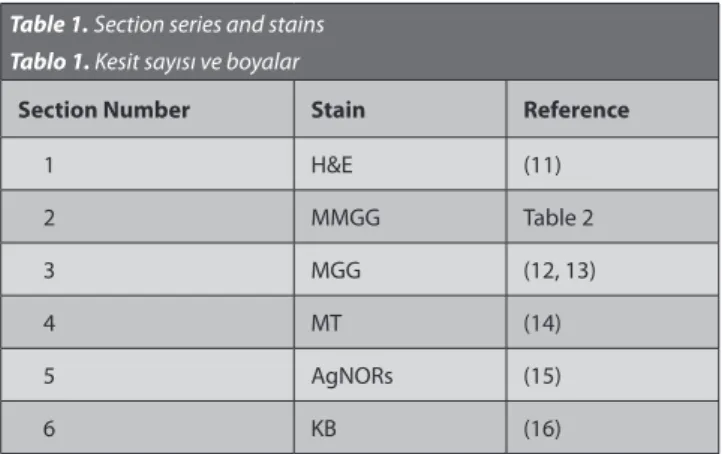 Table 1. Section series and stains  Tablo 1. Kesit sayısı ve boyalar